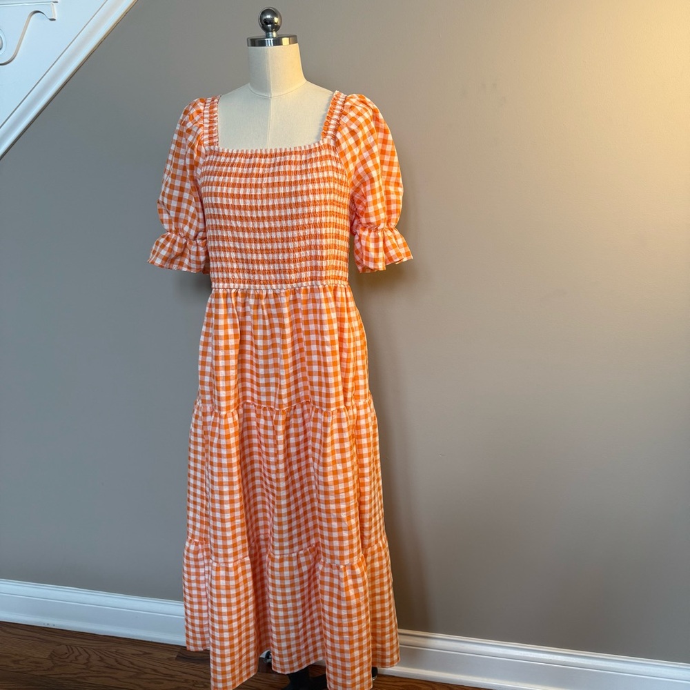 Zesica Orange Checkered Midi Dress with Puff Sleeves - Picture 2 of 15